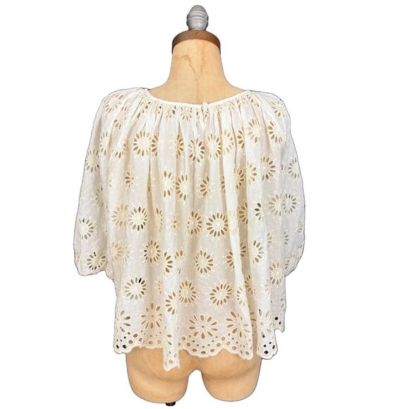 MADEWELL Embroidered Shirred Puff-Sleeve Top M Floral Eyelet Ivory Swing NWD B38 - Picture 4 of 8